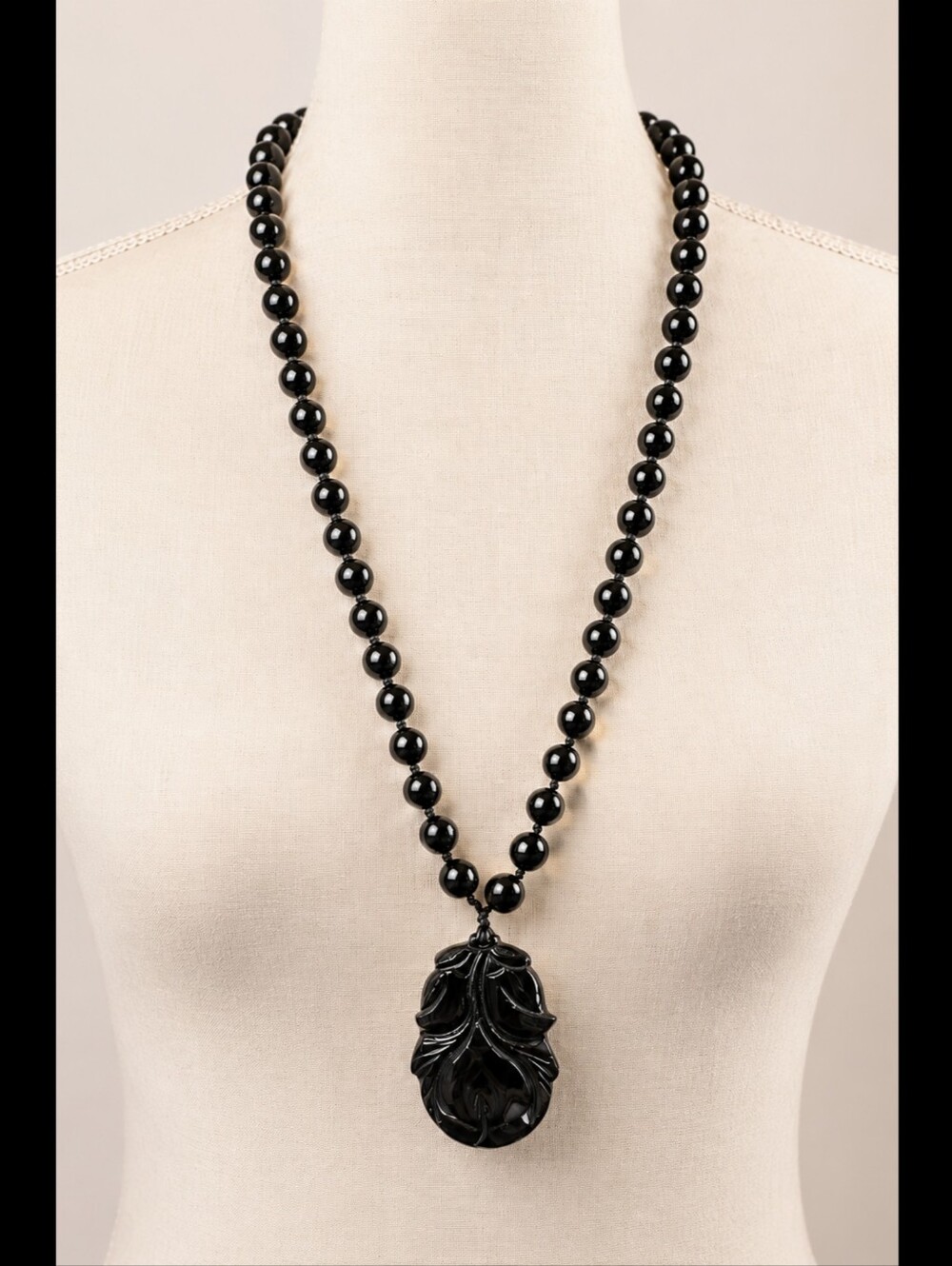 Vintage Black Carved Onyx Long Beaded Statement Pendant Necklace